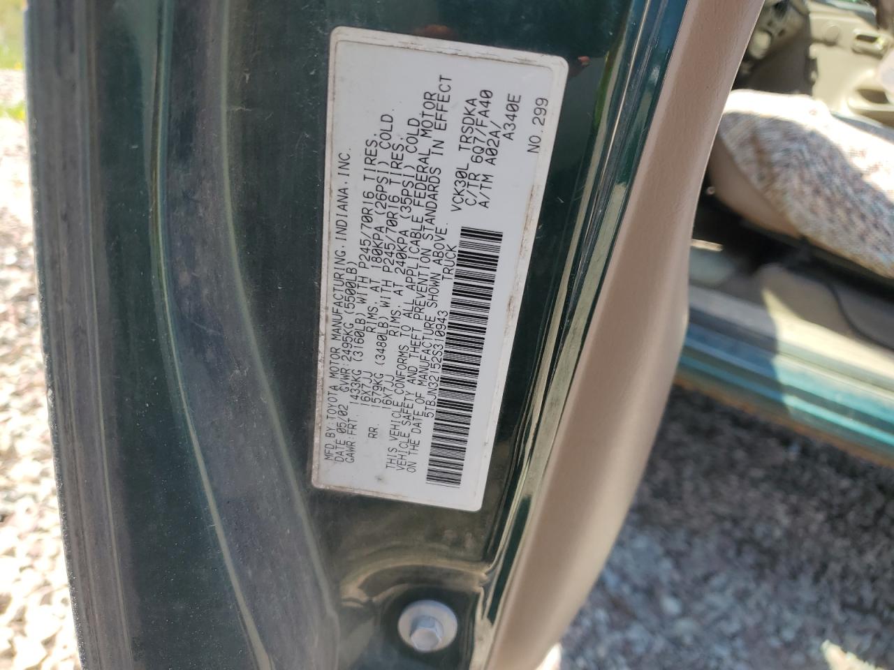 2002 Toyota Tundra VIN: 5TBJN32152S310943 Lot: 56734975