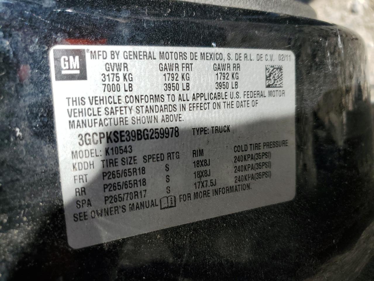 2011 Chevrolet Silverado K1500 Lt VIN: 3GCPKSE39BG259978 Lot: 56671665