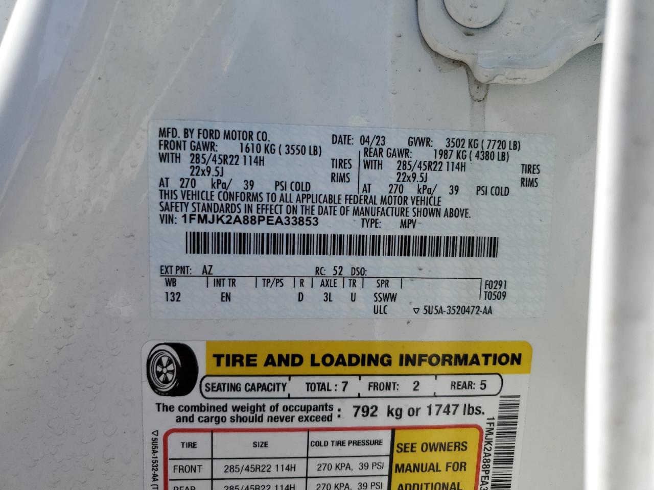 2023 Ford Expedition Max Limited VIN: 1FMJK2A88PEA33853 Lot: 56863465