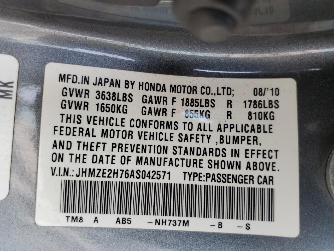 2010 Honda Insight Ex VIN: JHMZE2H76AS042571 Lot: 58865655