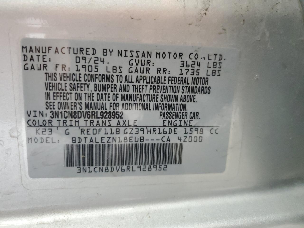 3N1CN8DV6RL928952 NISSAN VERSA 2024