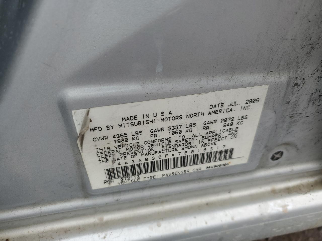 2007 Mitsubishi Galant Es VIN: 4A3AB36FX7E018317 Lot: 56382365
