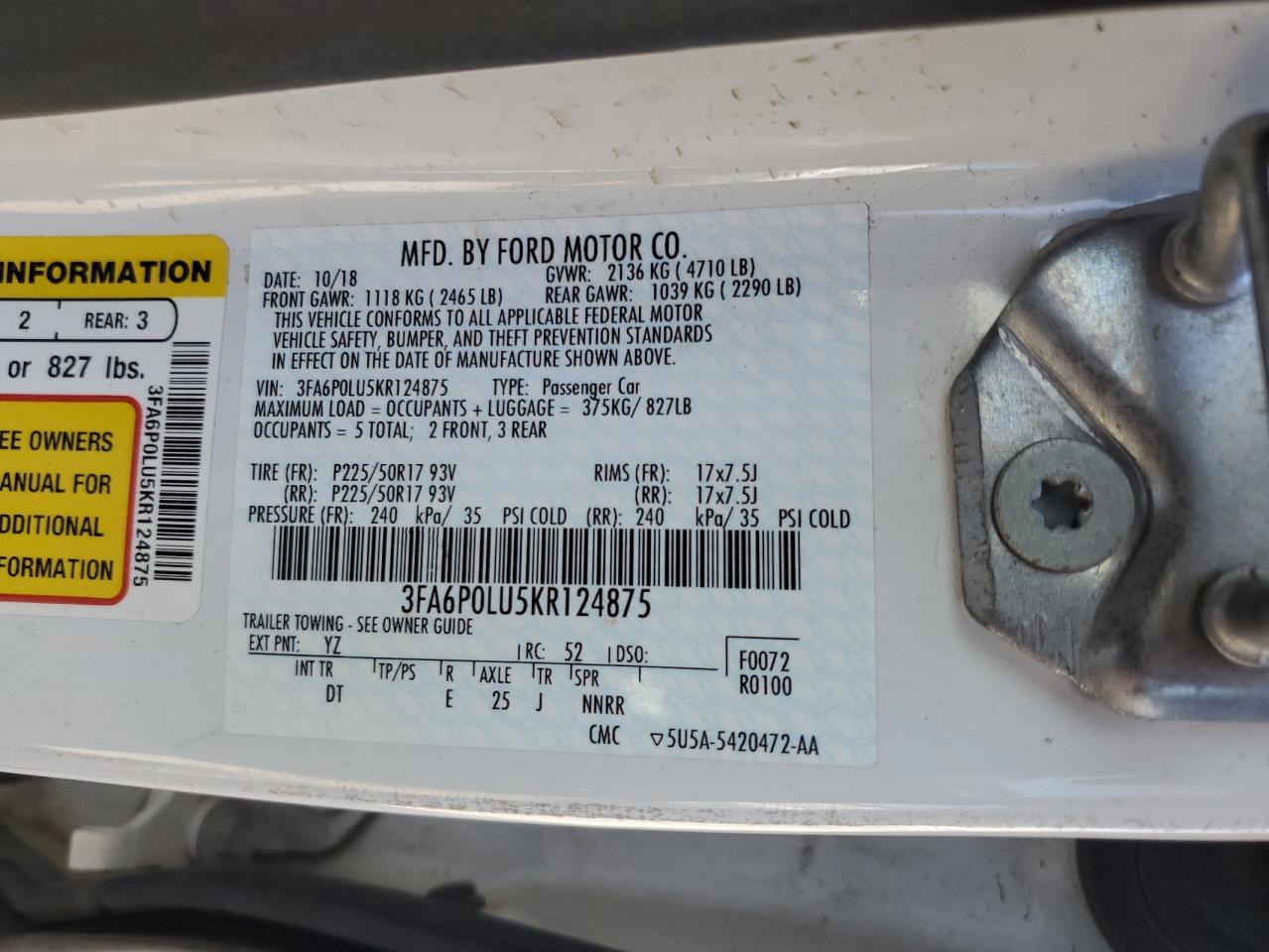 2019 Ford Fusion Se VIN: 3FA6P0LU5KR124875 Lot: 57157095