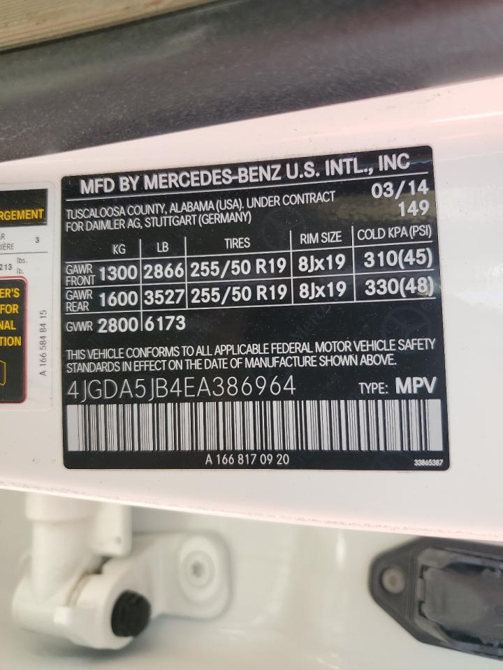2014 Mercedes-Benz Ml 350 VIN: 4JGDA5JB4EA386964 Lot: 56869705