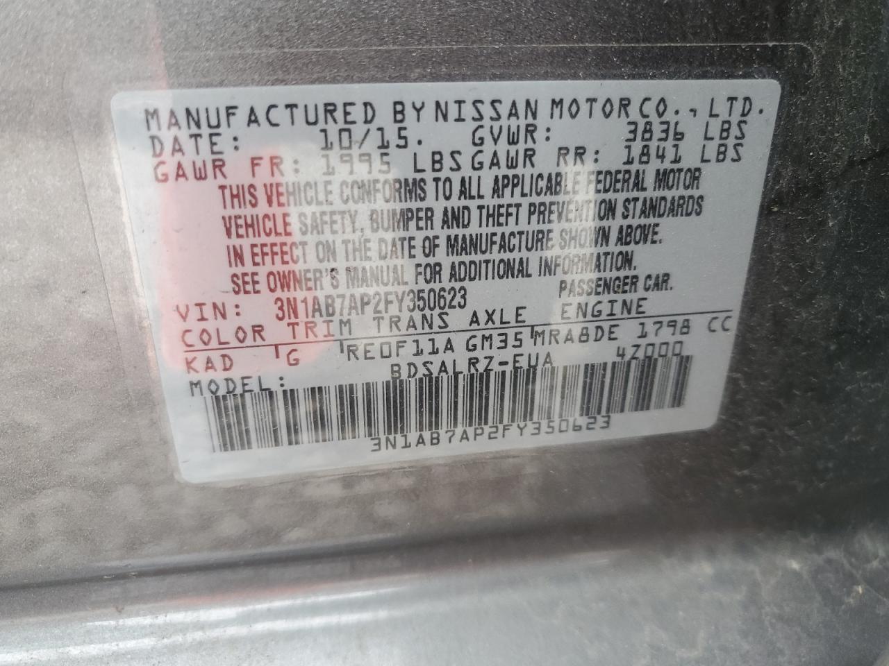 2015 Nissan Sentra S VIN: 3N1AB7AP2FY350623 Lot: 56873995