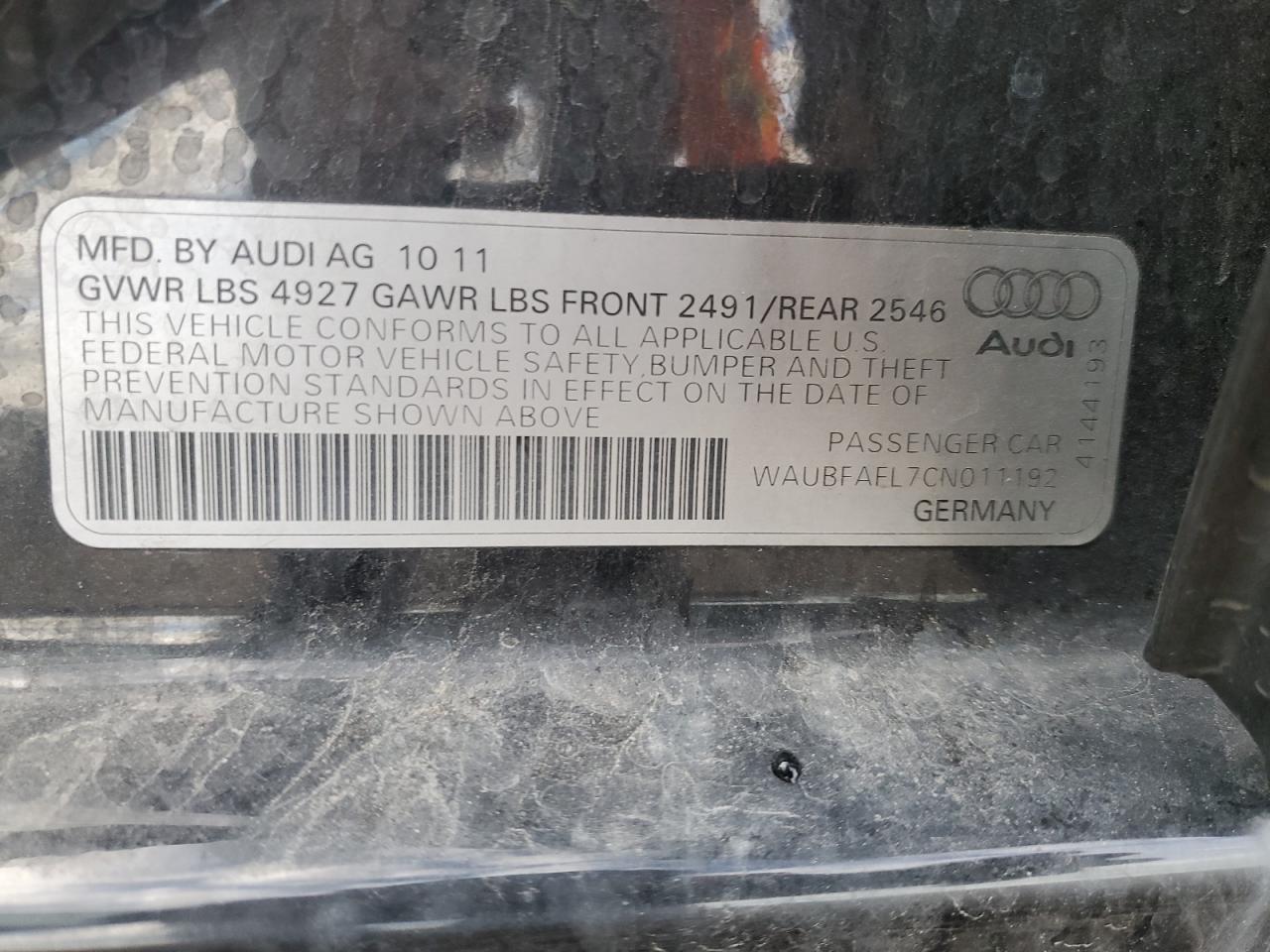 2012 Audi A4 Premium VIN: WAUBFAFL7CN011192 Lot: 56595985