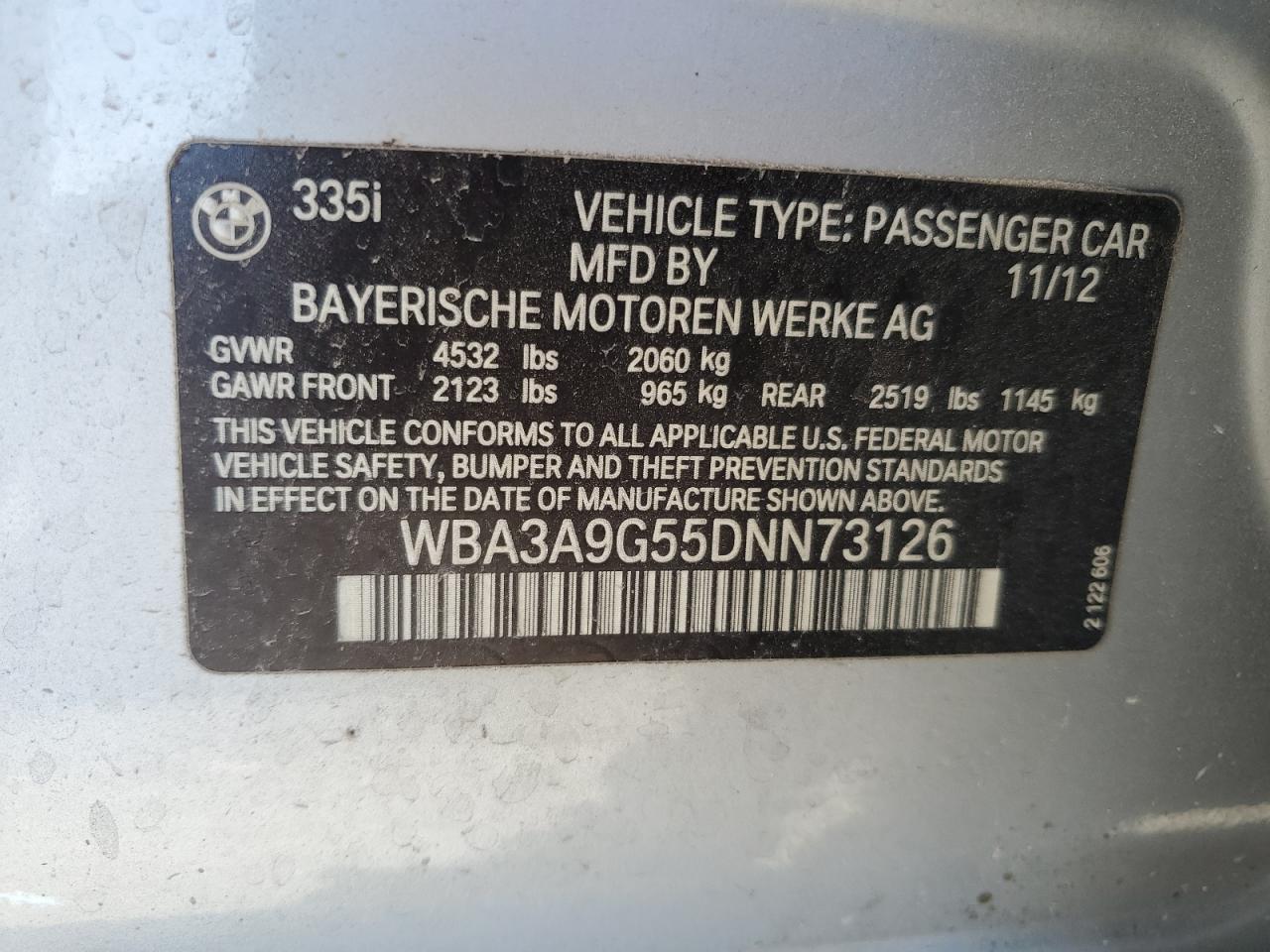 WBA3A9G55DNN73126 2013 BMW 335 I