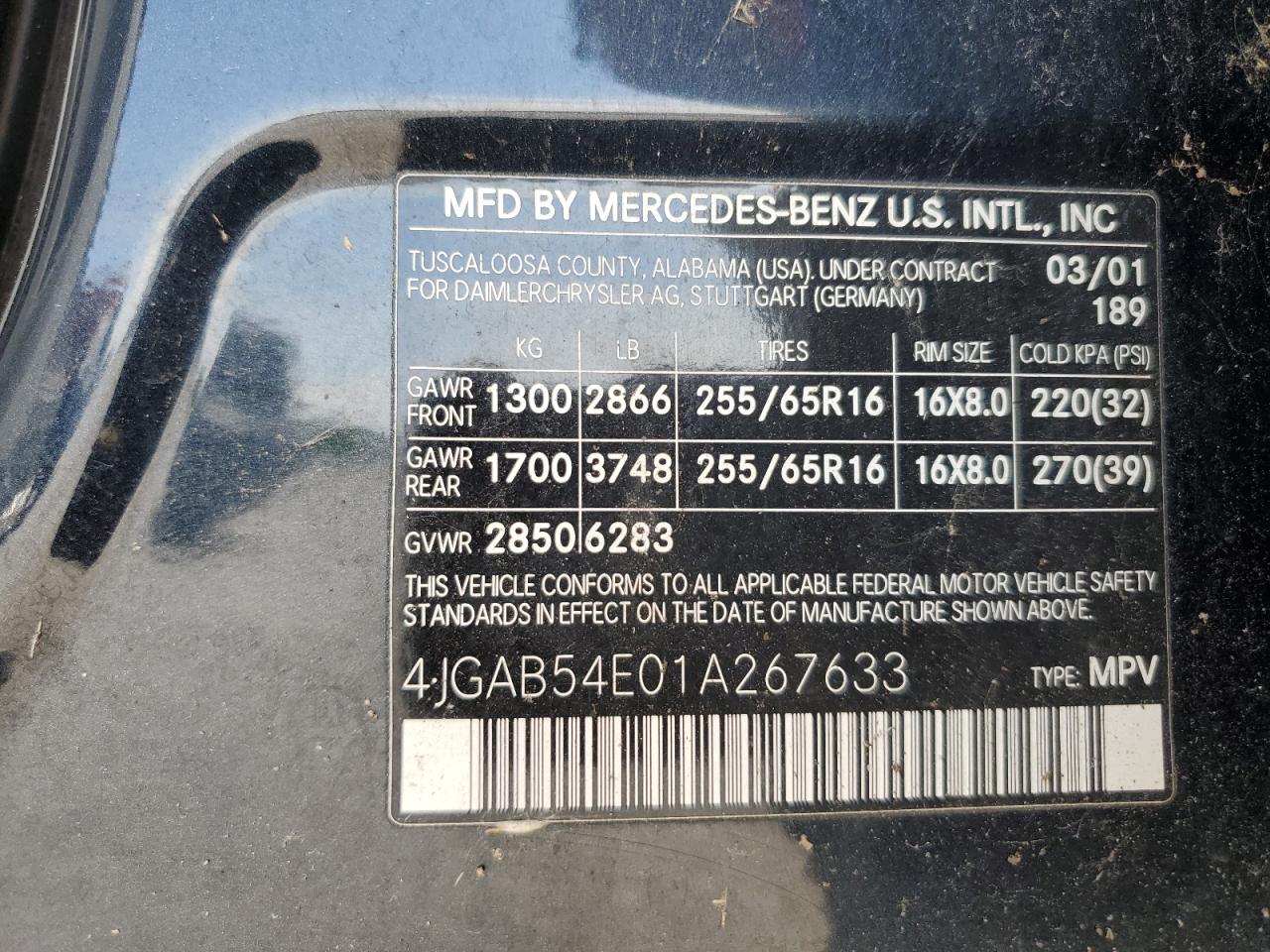 2001 Mercedes-Benz Ml 320 VIN: 4JGAB54E01A267633 Lot: 58160855