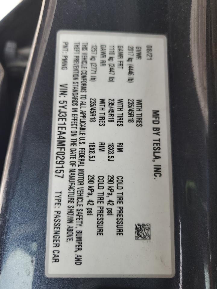 2021 Tesla Model 3 VIN: 5YJ3E1EA4MF029157 Lot: 56595195