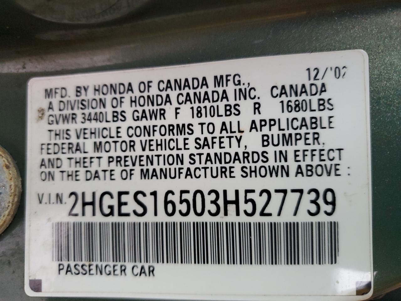 2003 Honda Civic Lx VIN: 2HGES16503H527739 Lot: 56698905
