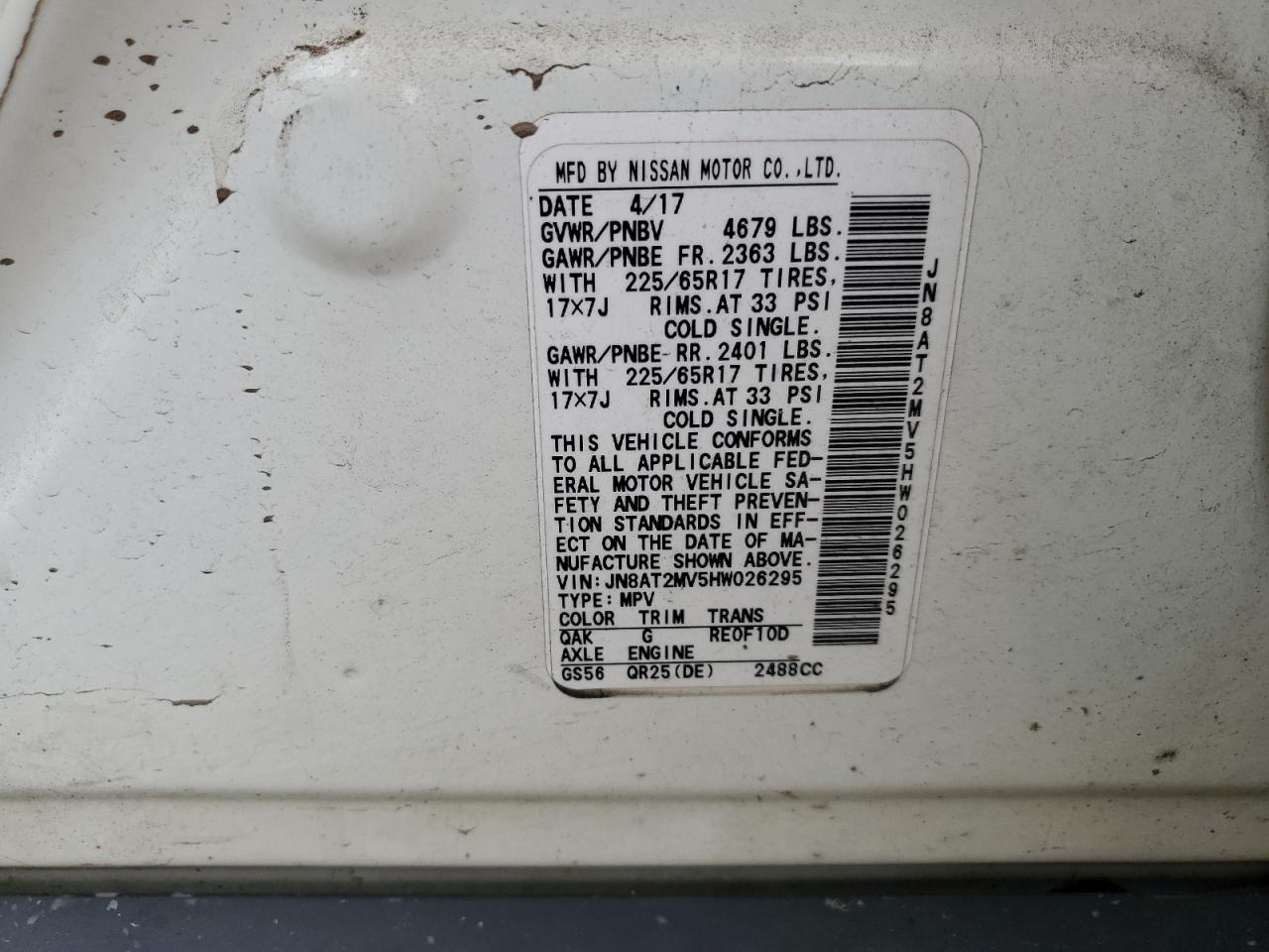 2017 Nissan Rogue S VIN: JN8AT2MV5HW026295 Lot: 58556955