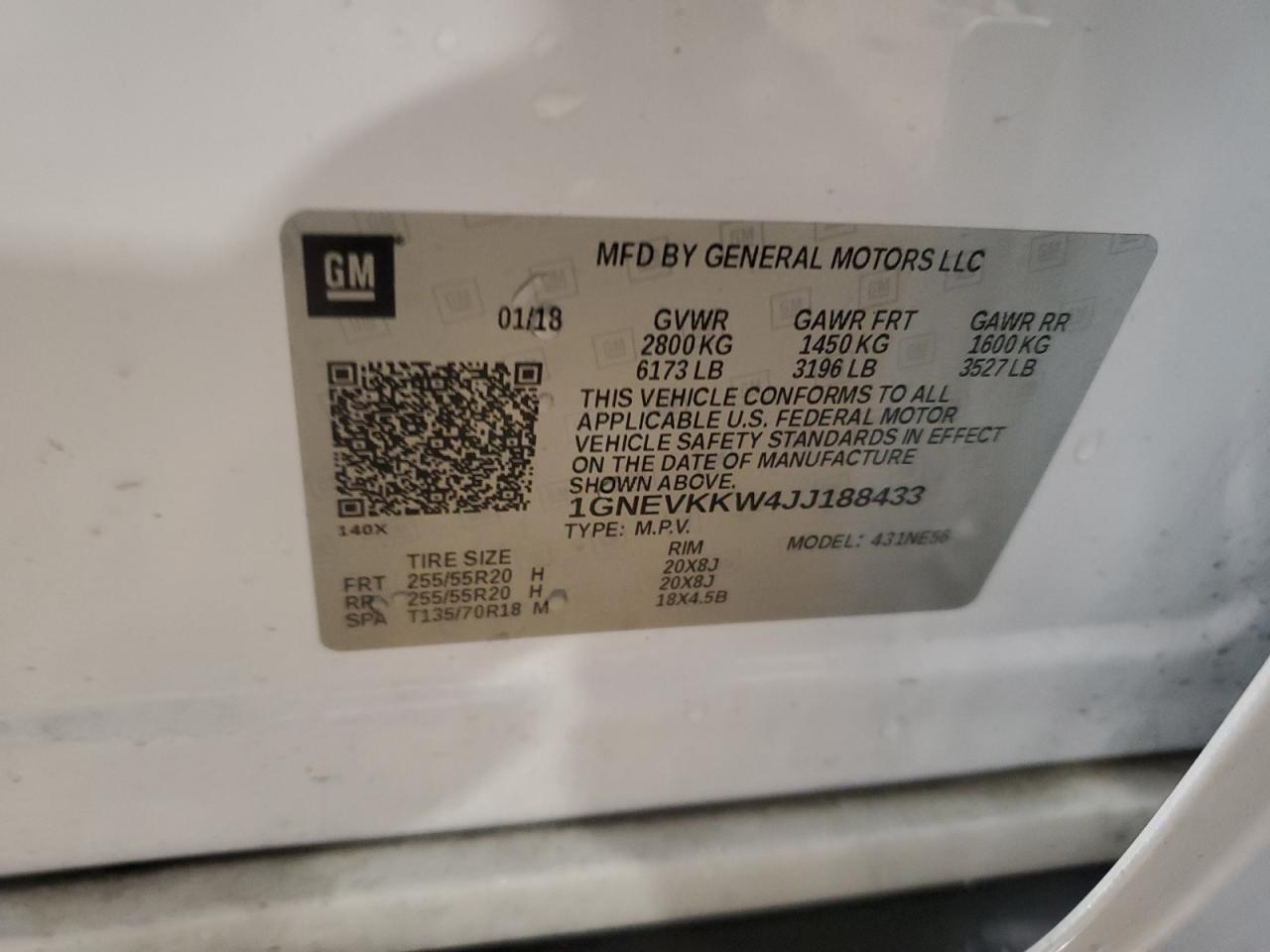 2018 Chevrolet Traverse High Country VIN: 1GNEVKKW4JJ188433 Lot: 56977335