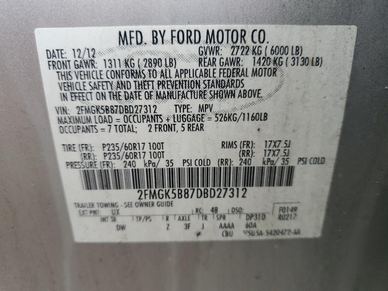 2013 Ford Flex Se VIN: 2FMGK5B87DBD27312 Lot: 57154815