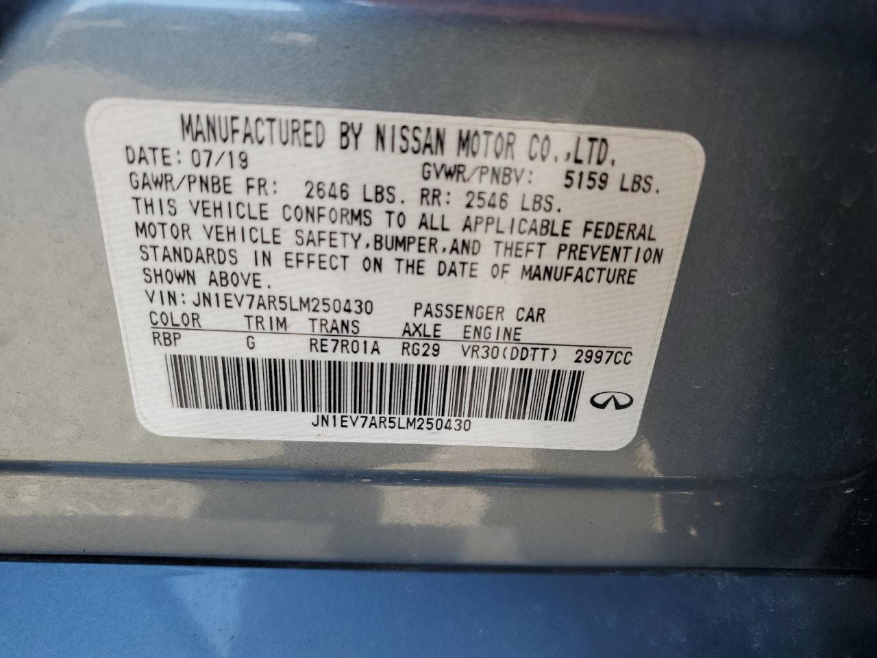 2020 Infiniti Q50 Pure VIN: JN1EV7AR5LM250430 Lot: 57112755