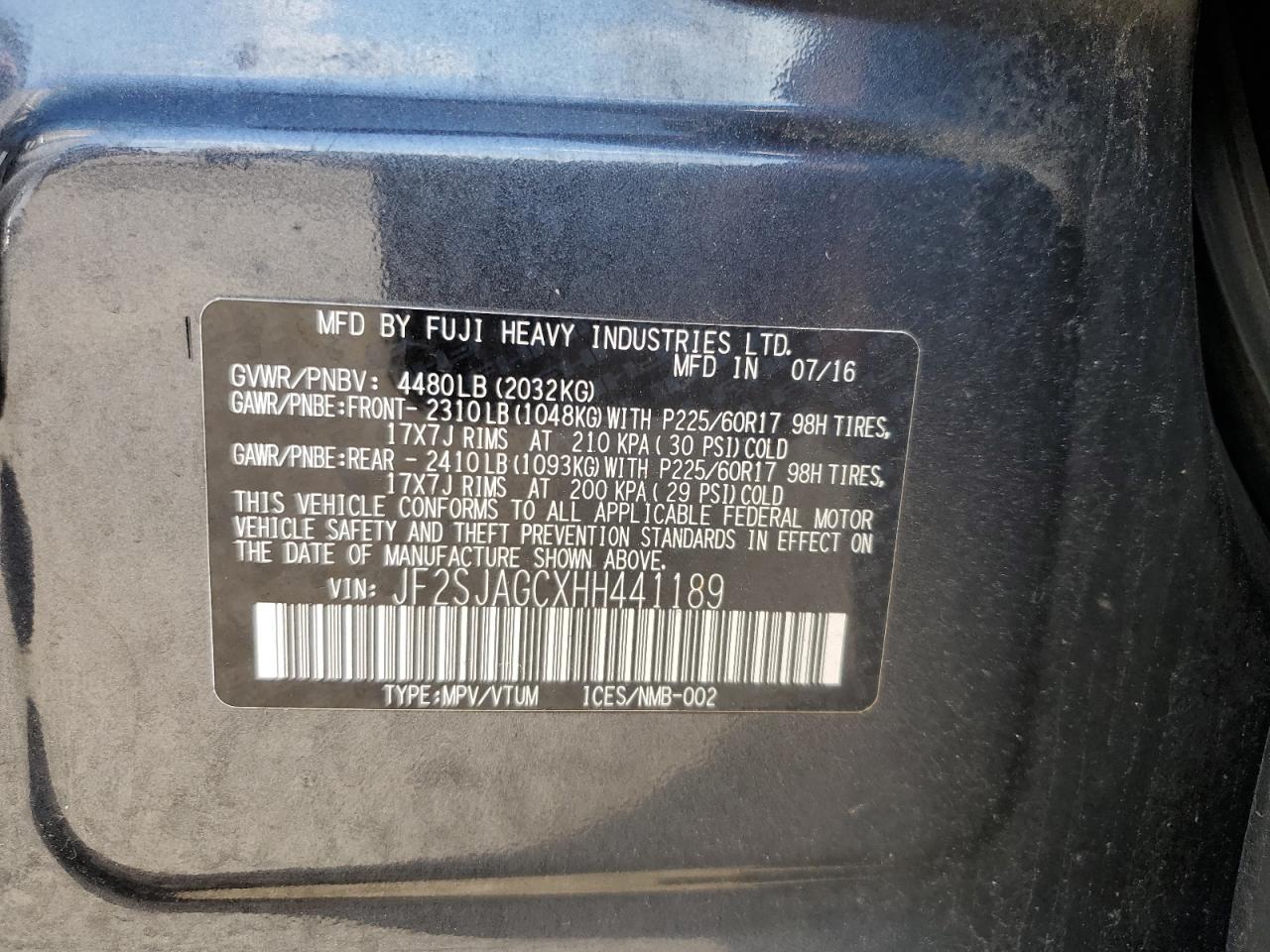 2017 Subaru Forester 2.5I Premium VIN: JF2SJAGCXHH441189 Lot: 56296395