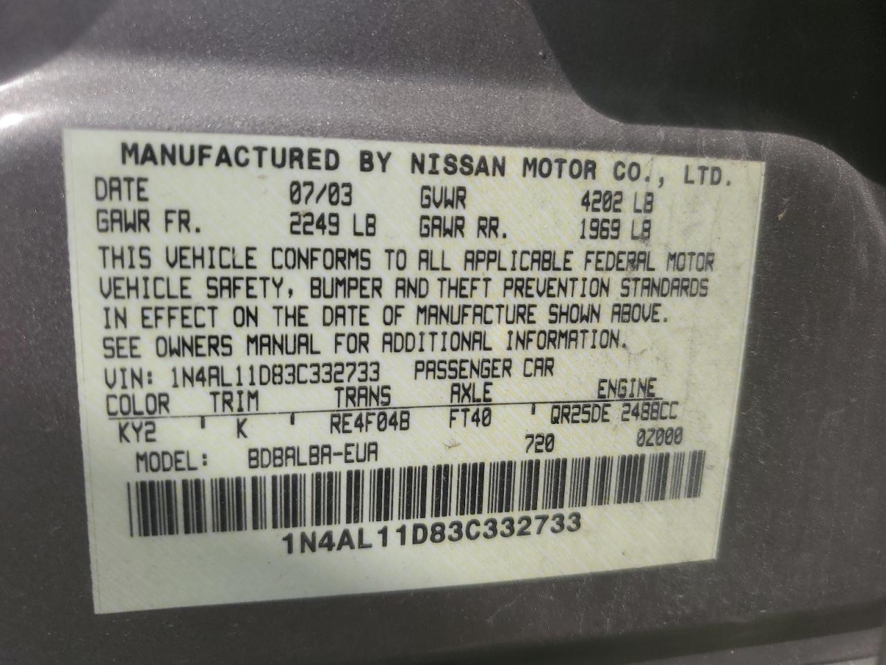 2003 Nissan Altima Base VIN: 1N4AL11D83C332733 Lot: 57488445
