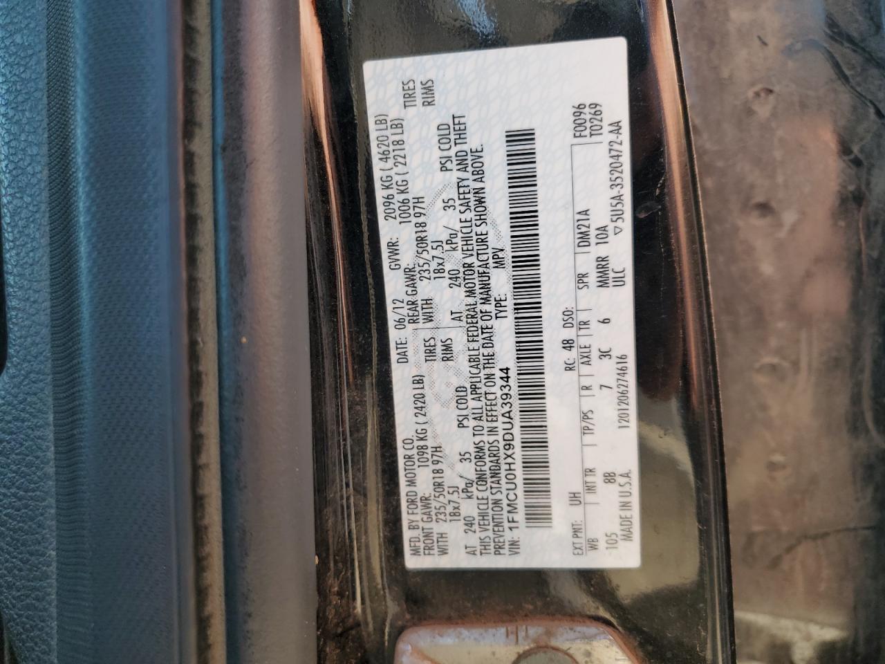 2013 Ford Escape Sel VIN: 1FMCU0HX9DUA39344 Lot: 57087805