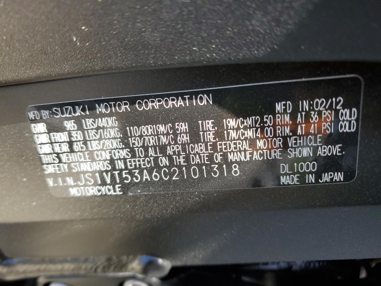 2012 Suzuki Dl1000 VIN: JS1VT53A6C2101318 Lot: 56683965