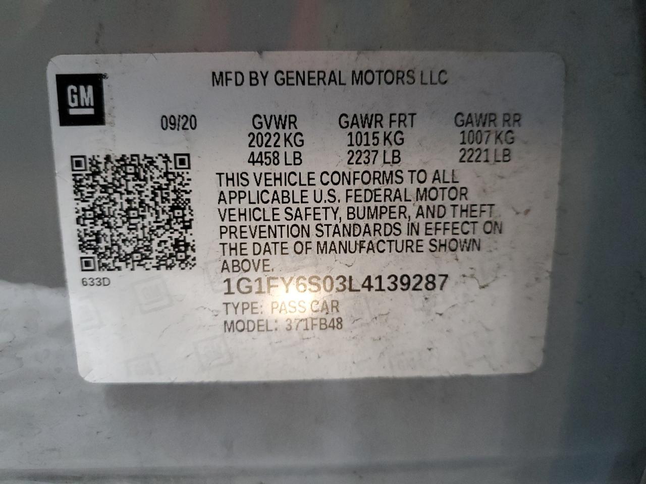 2020 Chevrolet Bolt Ev Lt VIN: 1G1FY6S03L4139287 Lot: 55865285