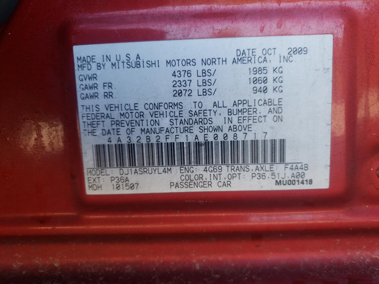 2010 Mitsubishi Galant Fe VIN: 4A32B2FF1AE008717 Lot: 56575015