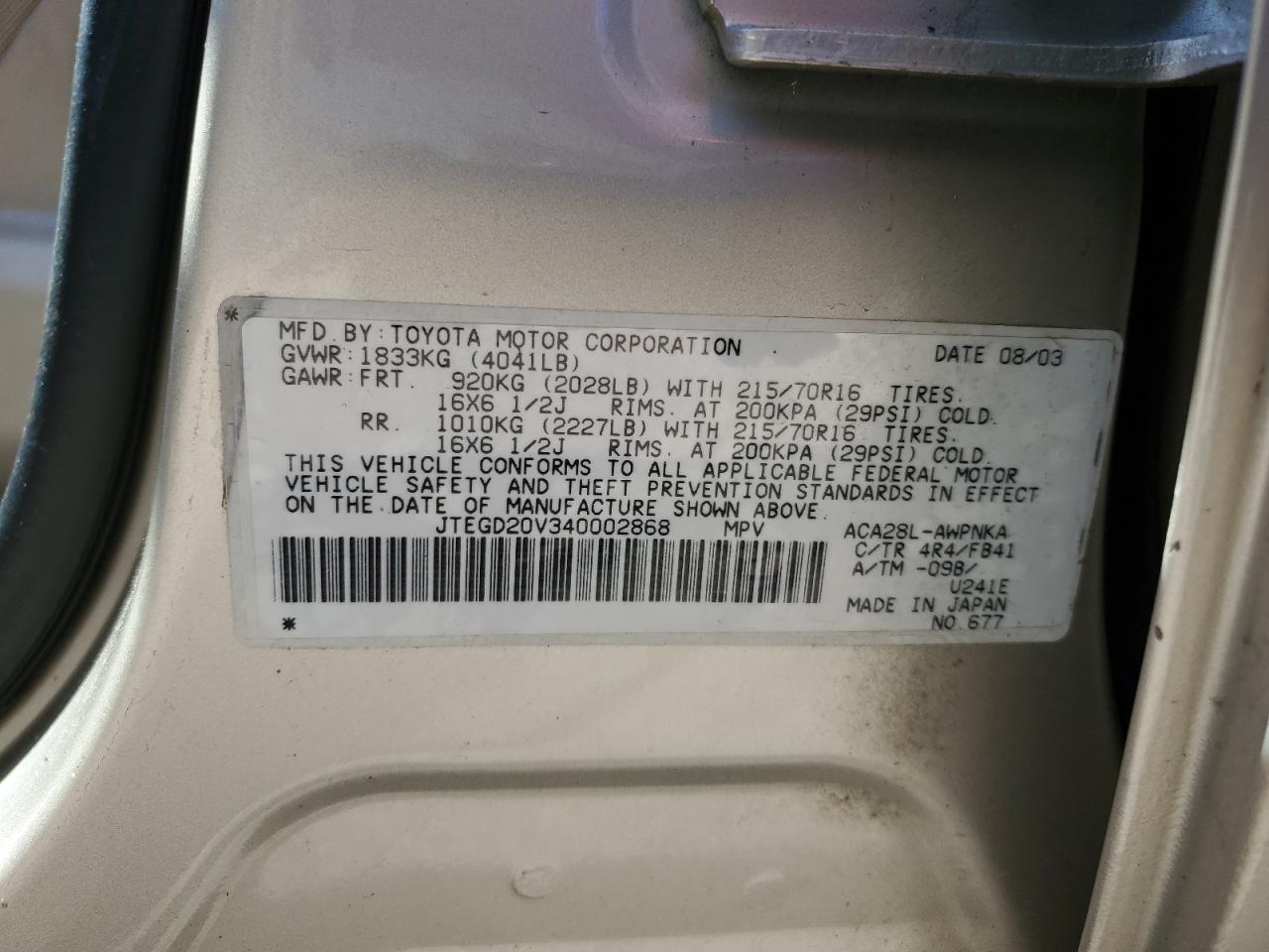 2004 Toyota Rav4 VIN: JTEGD20V340002868 Lot: 56420905