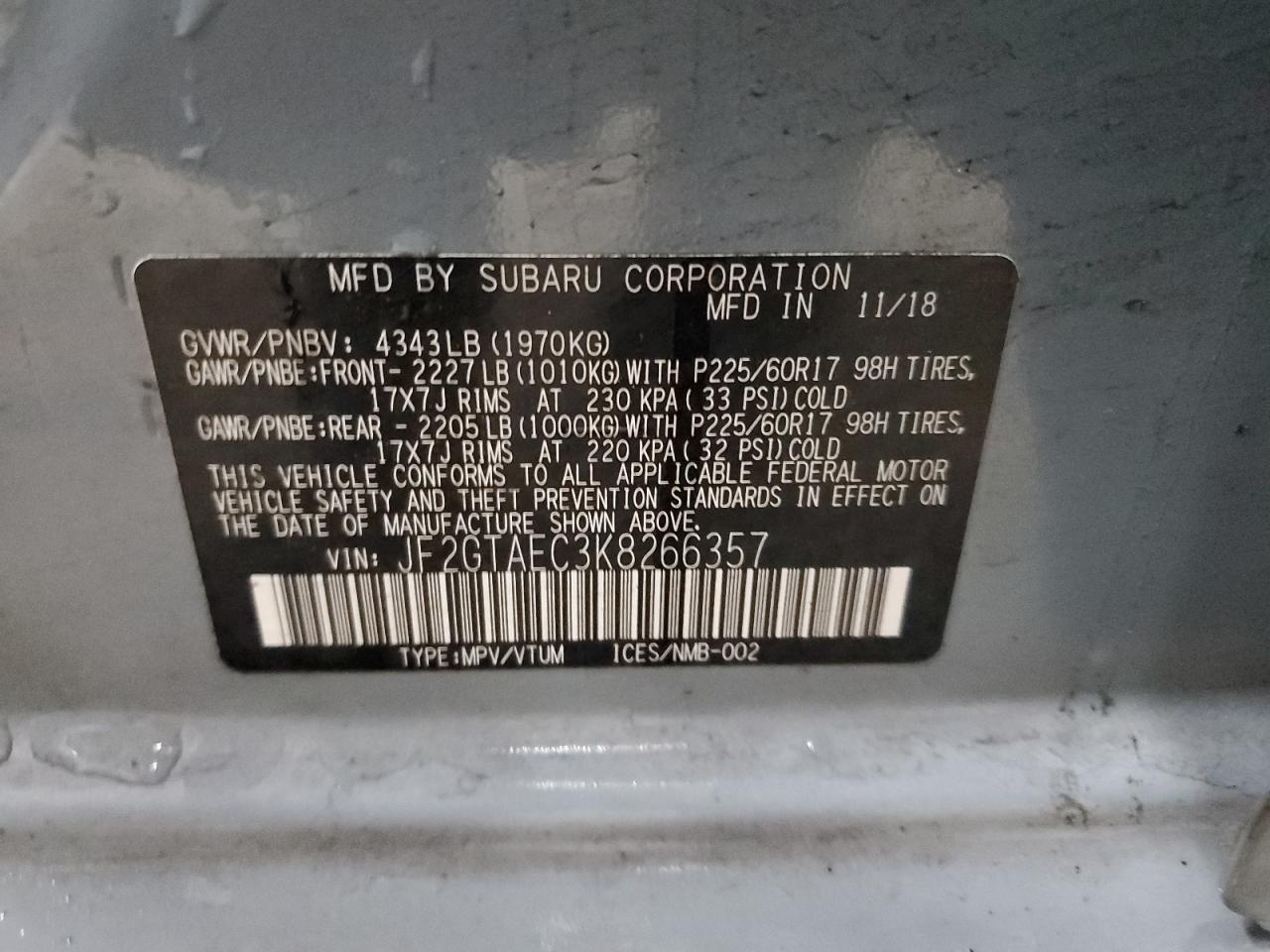 2019 Subaru Crosstrek Premium VIN: JF2GTAEC3K8266357 Lot: 56845115