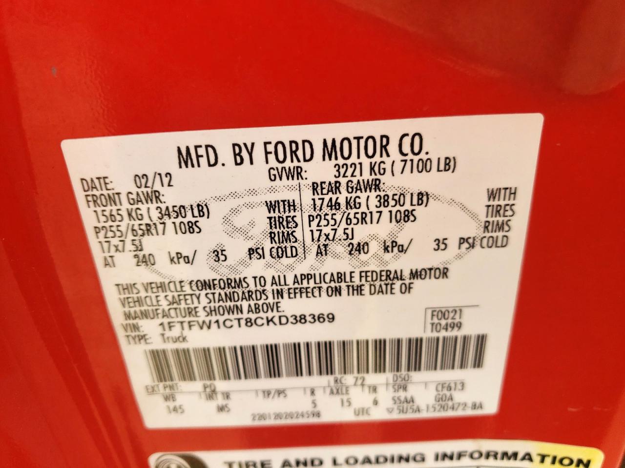 2012 Ford F150 Supercrew VIN: 1FTFW1CT8CKD38369 Lot: 56961895