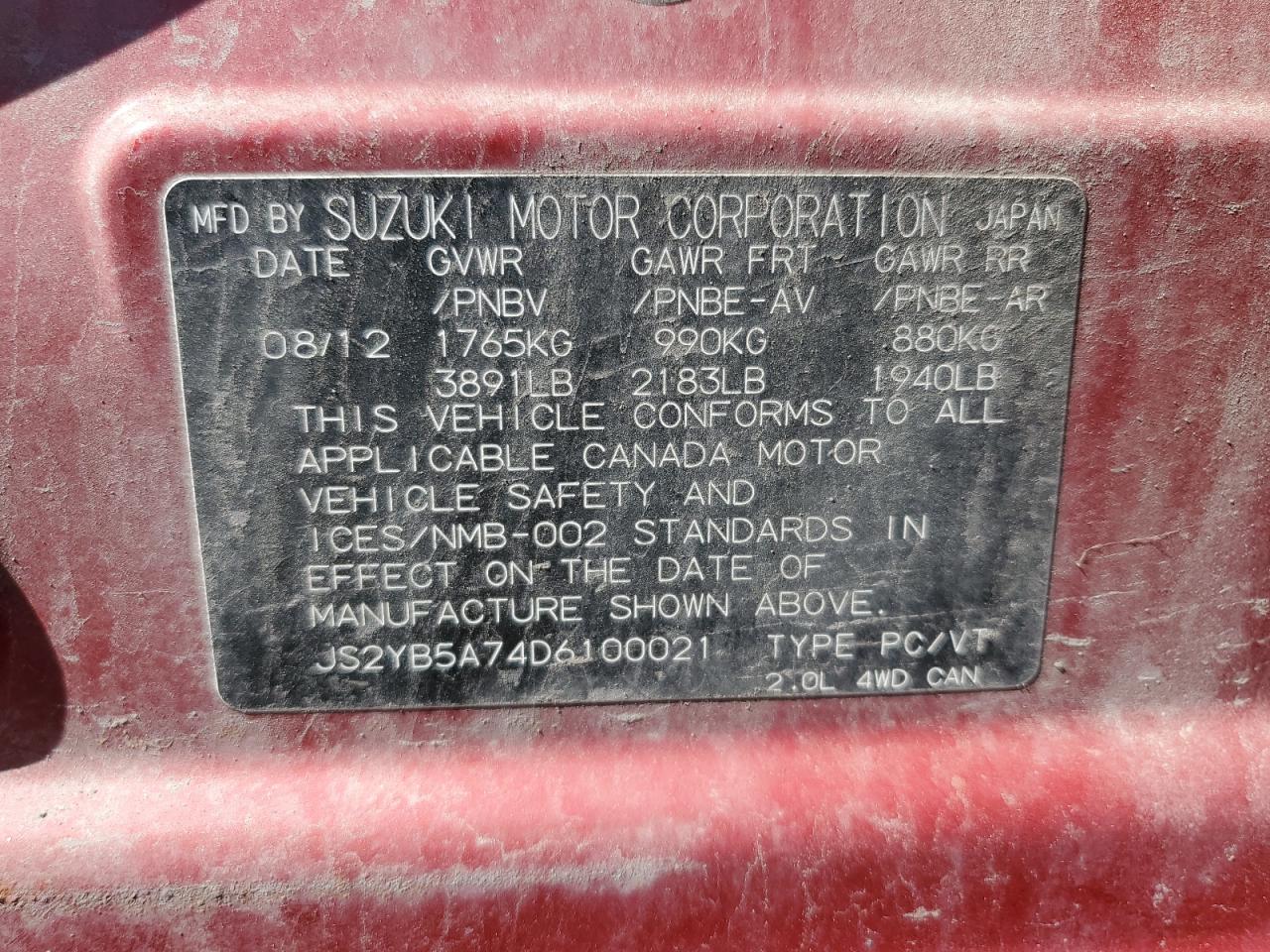 2013 Suzuki Sx4 Touring VIN: JS2YB5A74D6100021 Lot: 58591095