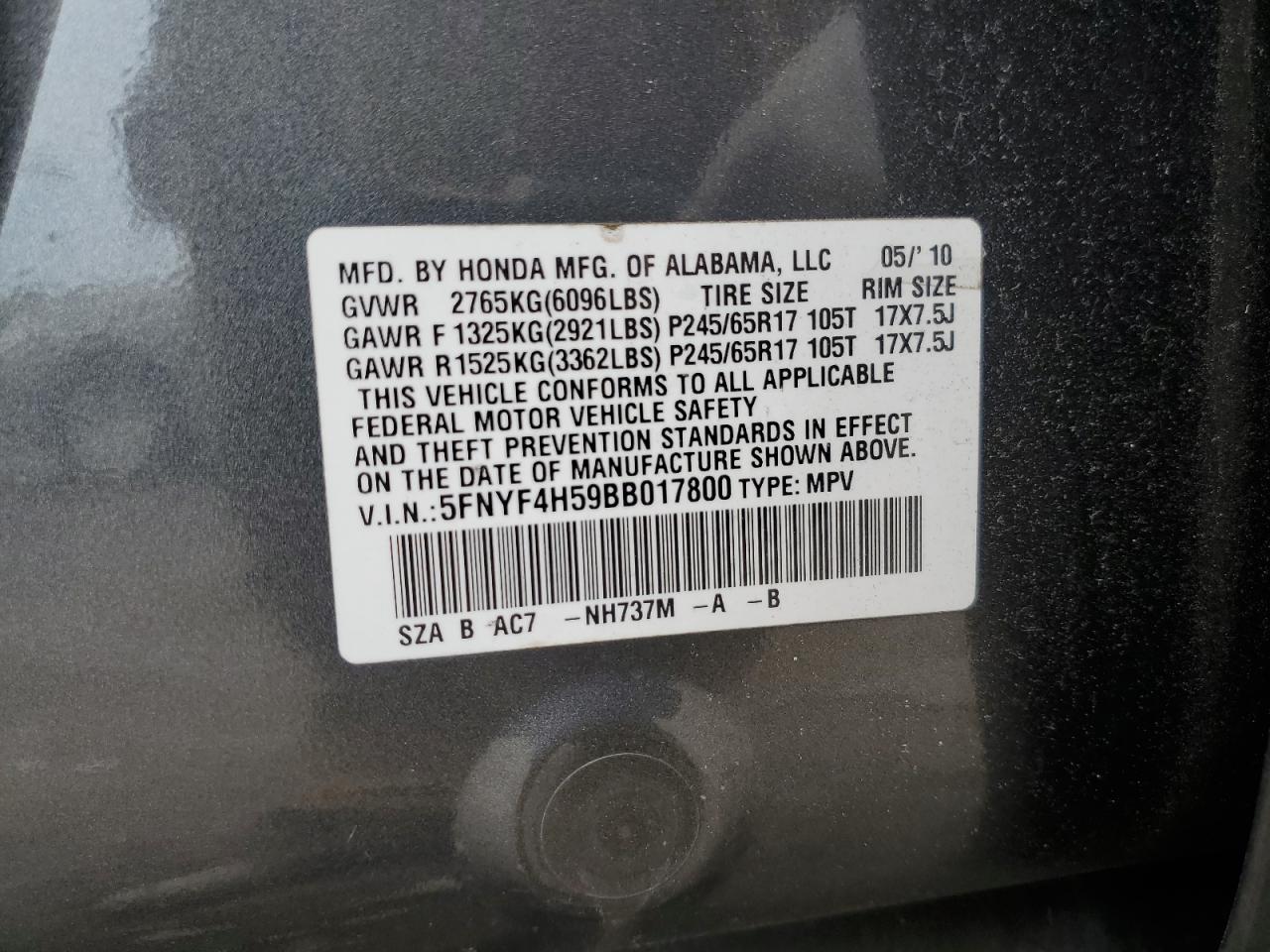 2011 Honda Pilot Exl VIN: 5FNYF4H59BB017800 Lot: 56846915