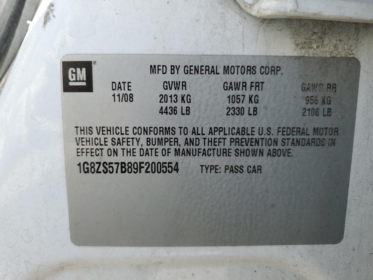2009 Saturn Aura Xe VIN: 1G8ZS57B89F200554 Lot: 55700325