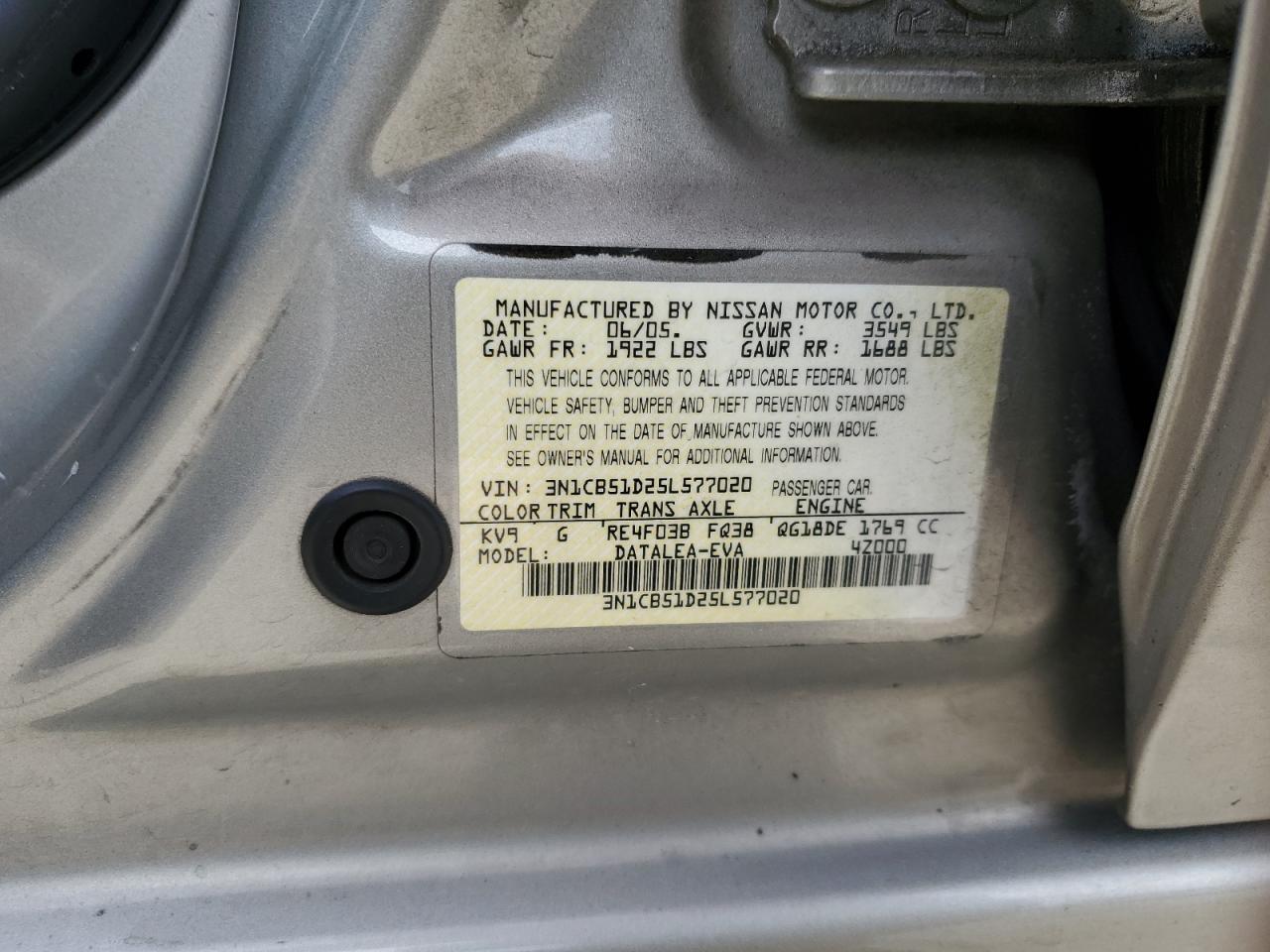 2005 Nissan Sentra 1.8 VIN: 3N1CB51D25L577020 Lot: 56945865