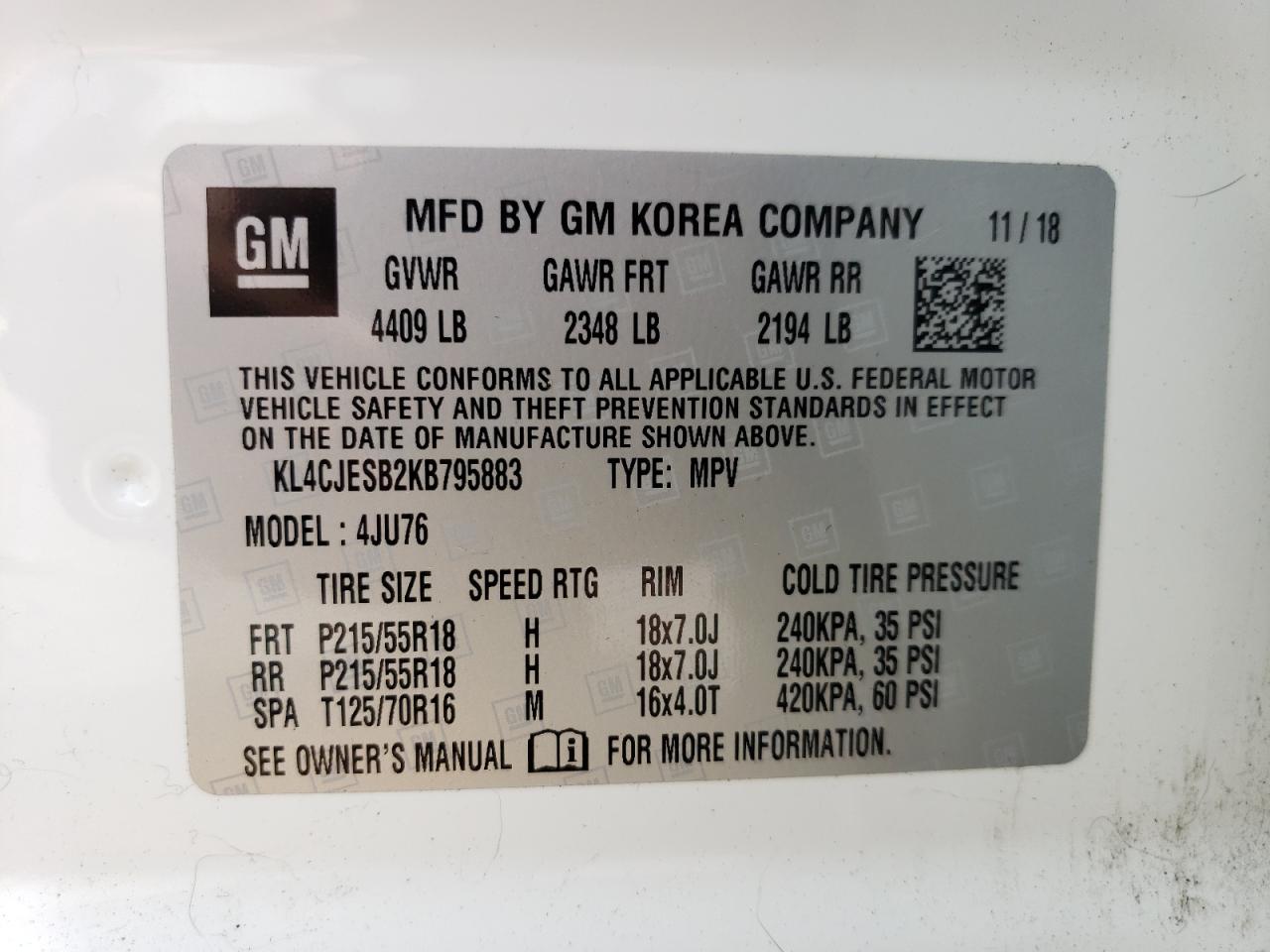 2019 Buick Encore Preferred VIN: KL4CJESB2KB795883 Lot: 56536225