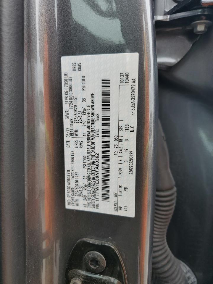 2022 Ford F150 Supercrew VIN: 1FTFW1E80NFA60362 Lot: 57129435