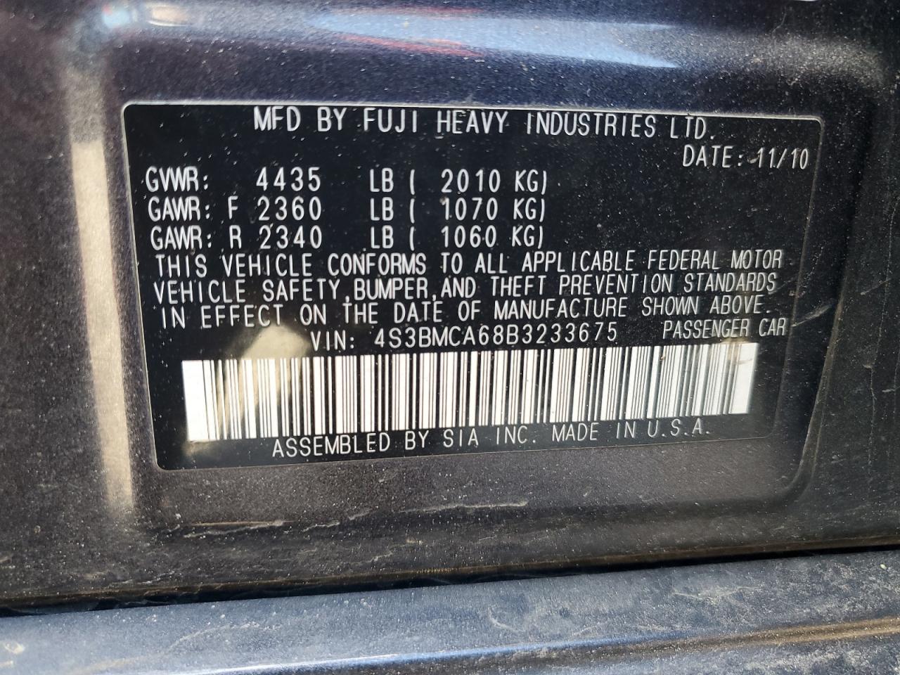 2011 Subaru Legacy 2.5I VIN: 4S3BMCA68B3233675 Lot: 57117565