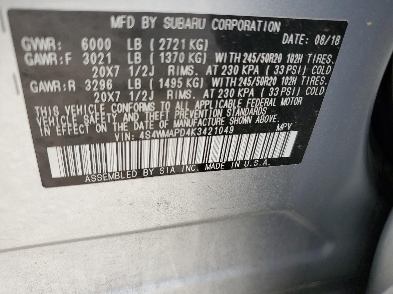 2019 Subaru Ascent Limited VIN: 4S4WMAPD4K3421049 Lot: 56430785