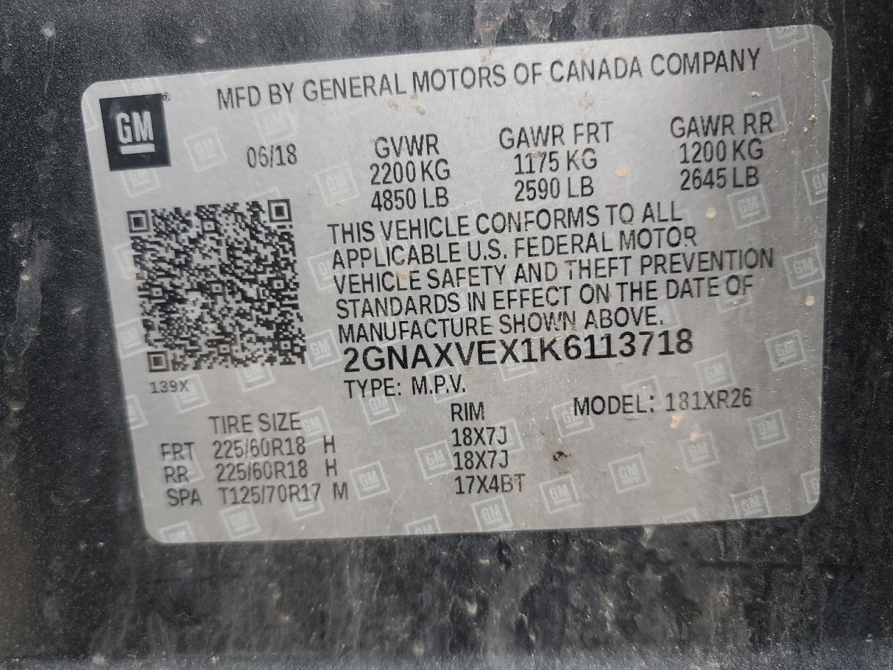 2019 Chevrolet Equinox Lt VIN: 2GNAXVEX1K6113718 Lot: 56332275