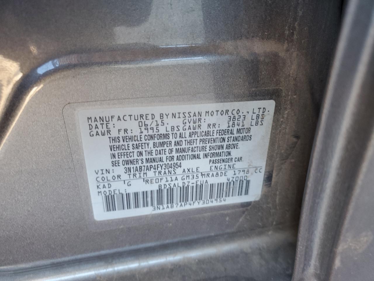 2015 Nissan Sentra S VIN: 3N1AB7AP4FY304954 Lot: 55786515