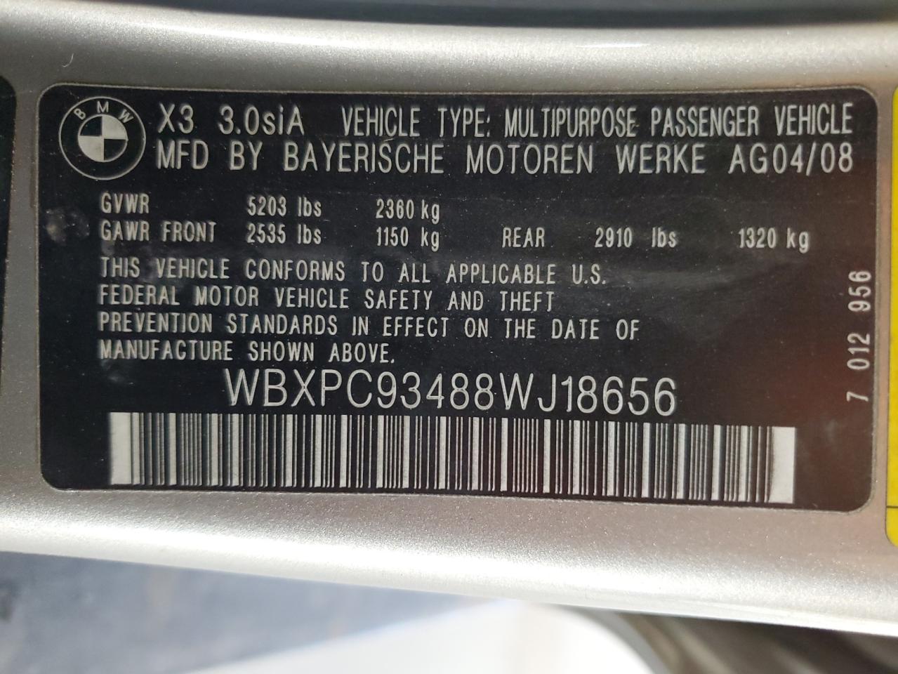 2008 BMW X3 3.0Si VIN: WBXPC93488WJ18656 Lot: 58443035