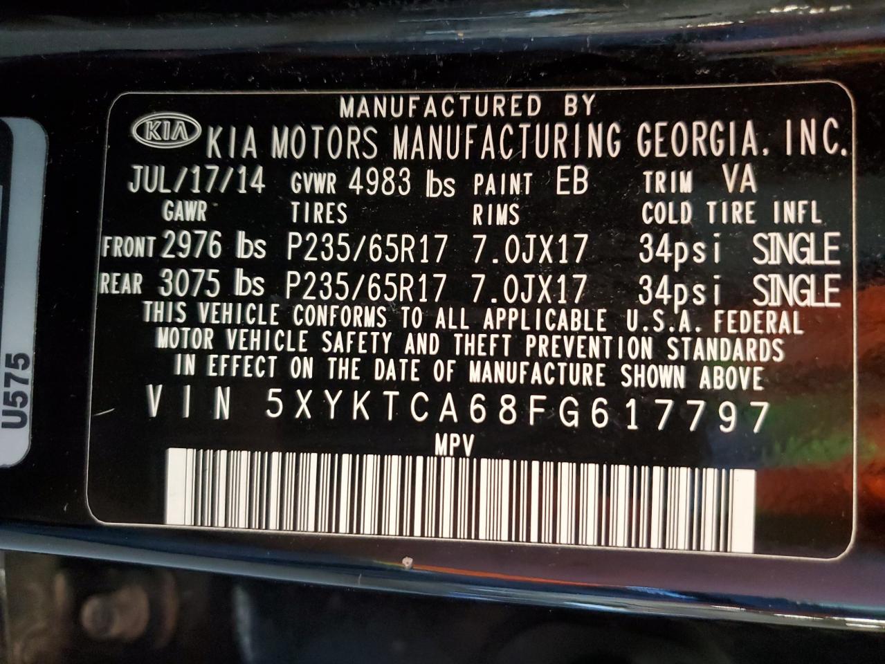 2015 Kia Sorento Lx VIN: 5XYKTCA68FG617797 Lot: 56695635