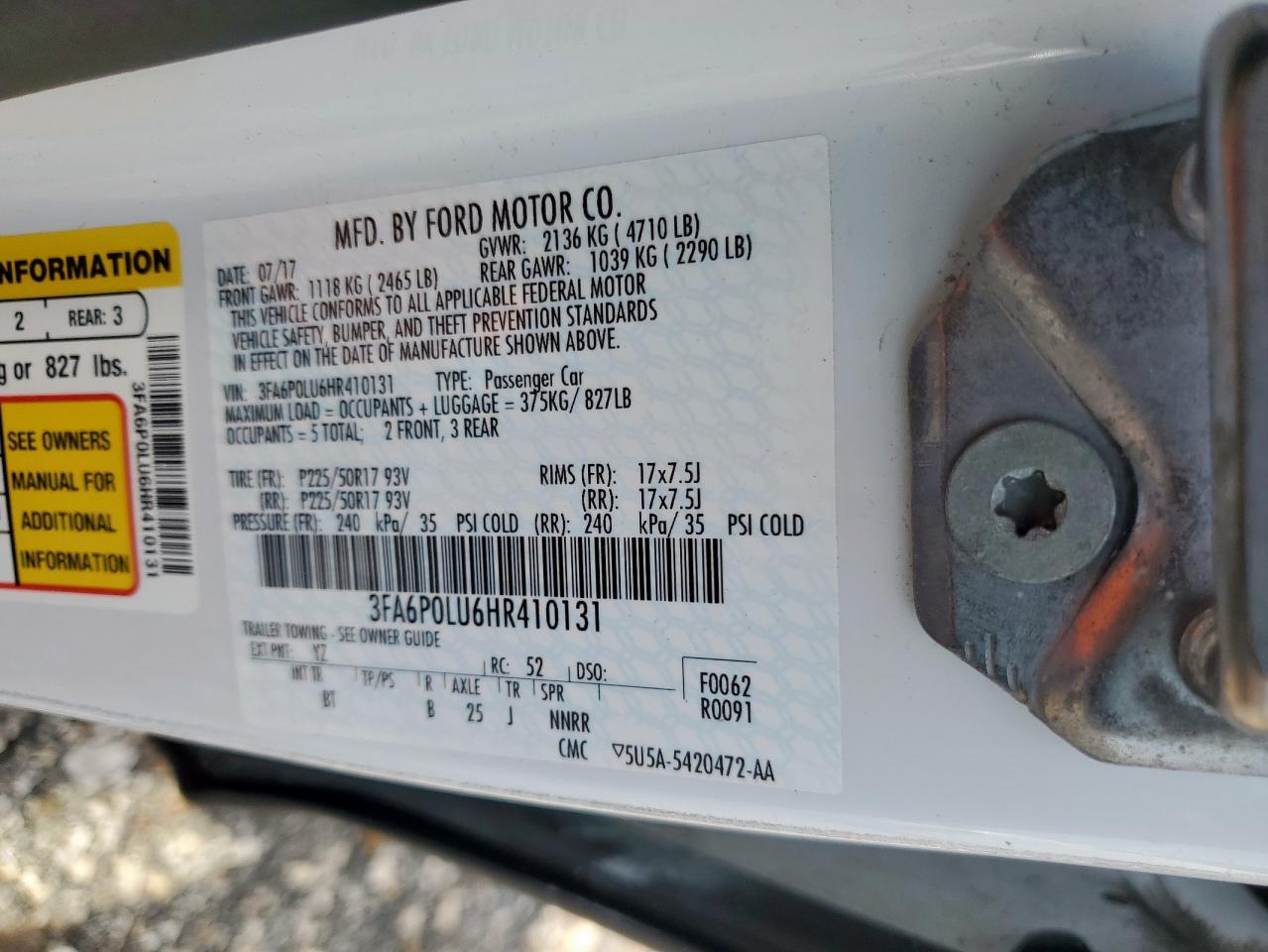 2017 Ford Fusion Se Hybrid VIN: 3FA6P0LU6HR410131 Lot: 54037765