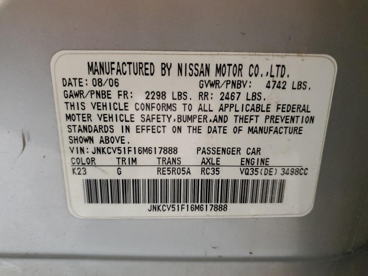 2006 Infiniti G35 VIN: JNKCV51F16M617888 Lot: 56682775