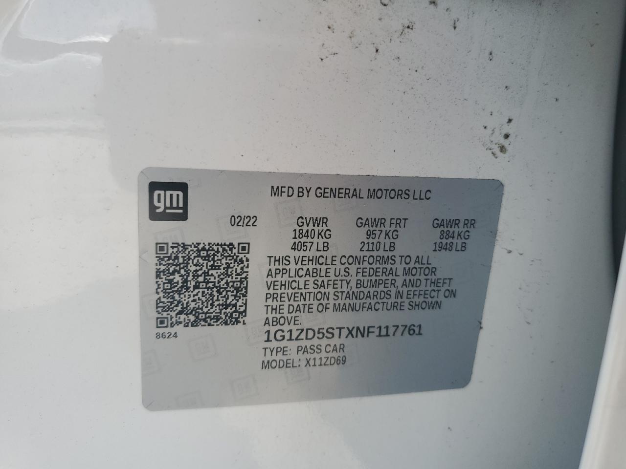 2022 Chevrolet Malibu Lt VIN: 1G1ZD5STXNF117761 Lot: 57657315