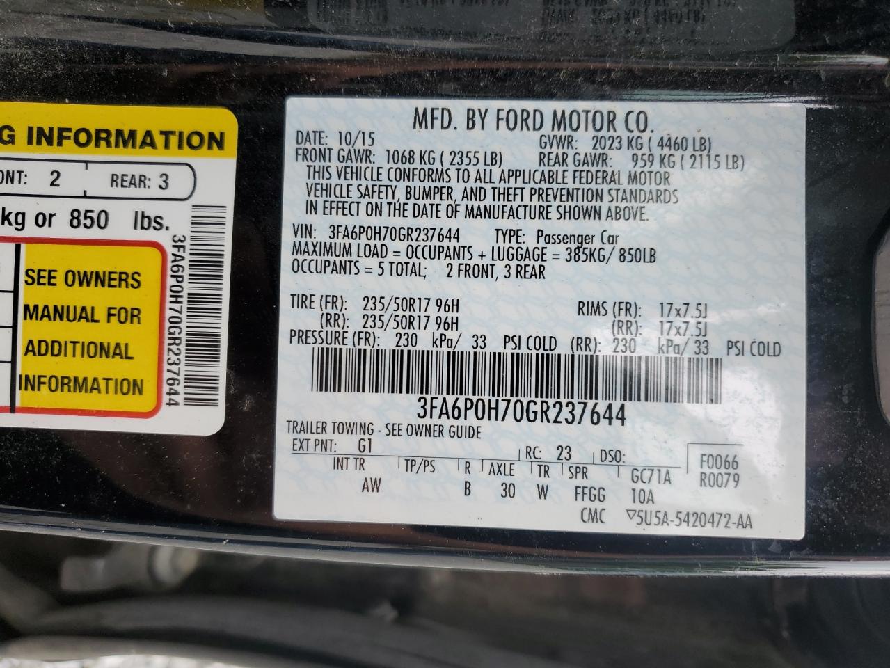2016 Ford Fusion Se VIN: 3FA6P0H70GR237644 Lot: 58383365
