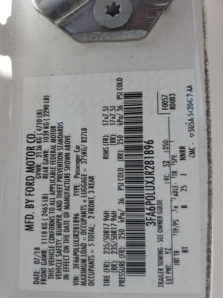 2018 Ford Fusion Se Hybrid VIN: 3FA6P0LUXJR281896 Lot: 56829135