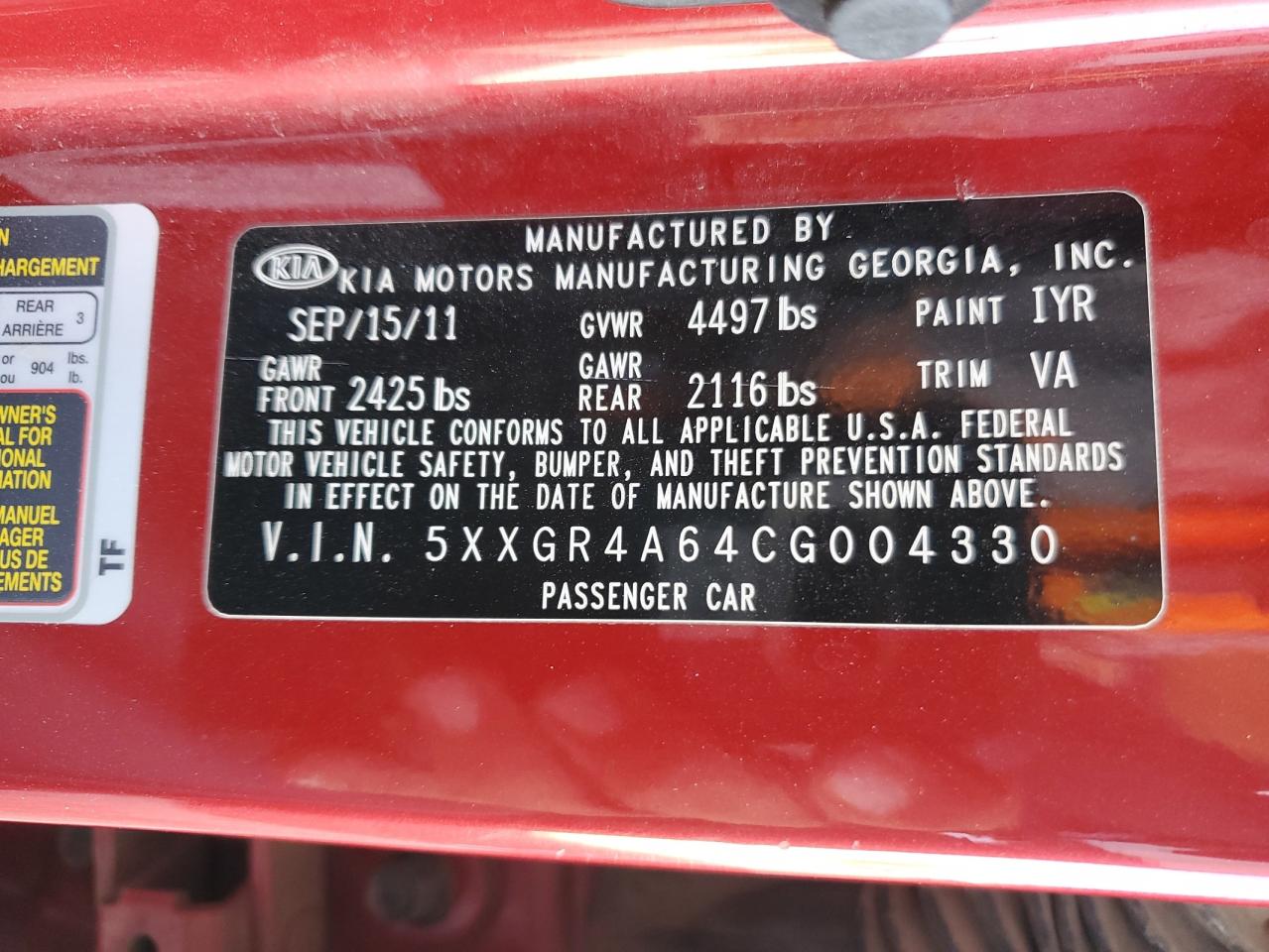2012 Kia Optima Sx VIN: 5XXGR4A64CG004330 Lot: 56770355
