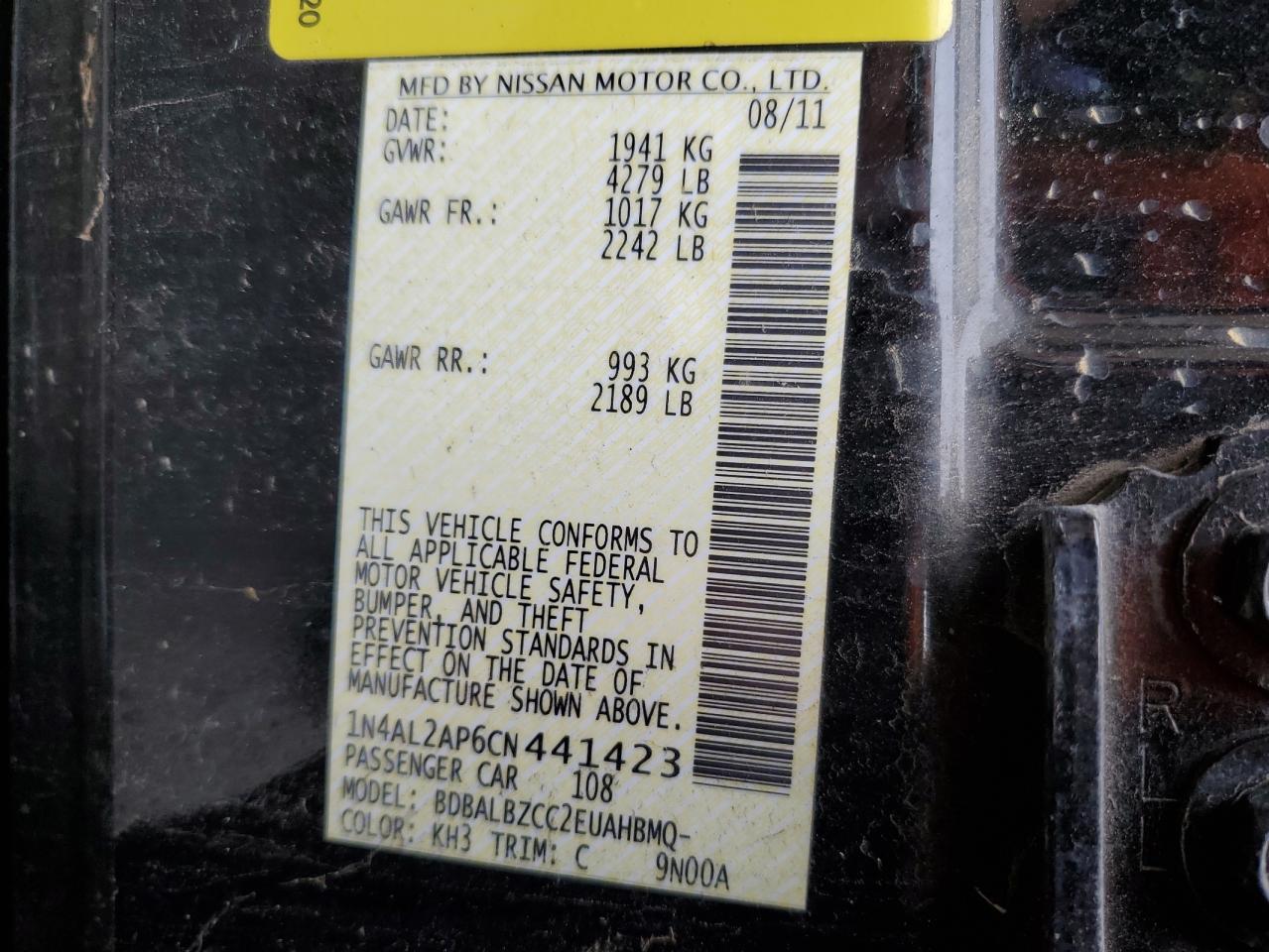2012 Nissan Altima Base VIN: 1N4AL2AP6CN441423 Lot: 56930275