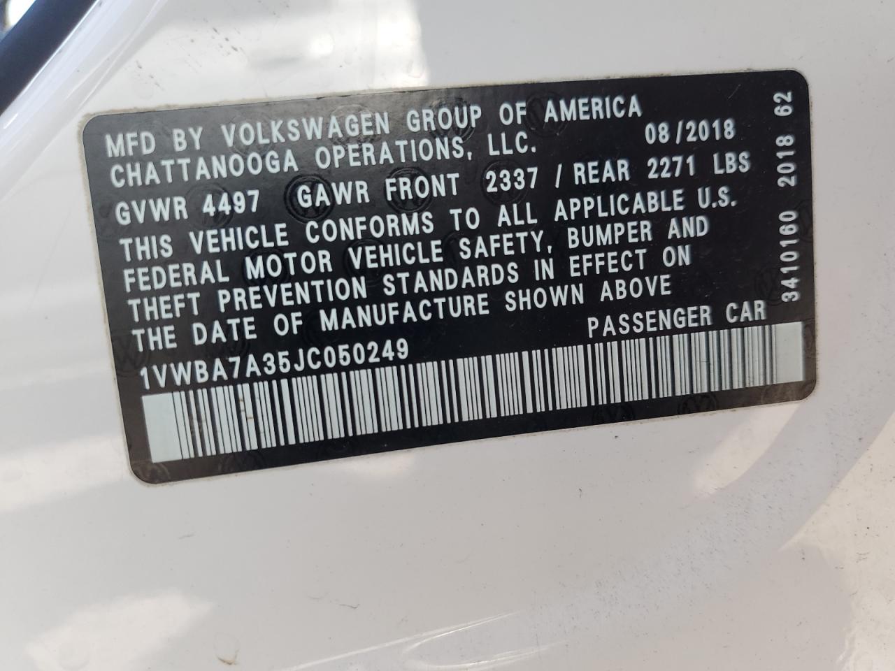 2018 Volkswagen Passat Se VIN: 1VWBA7A35JC050249 Lot: 58111475