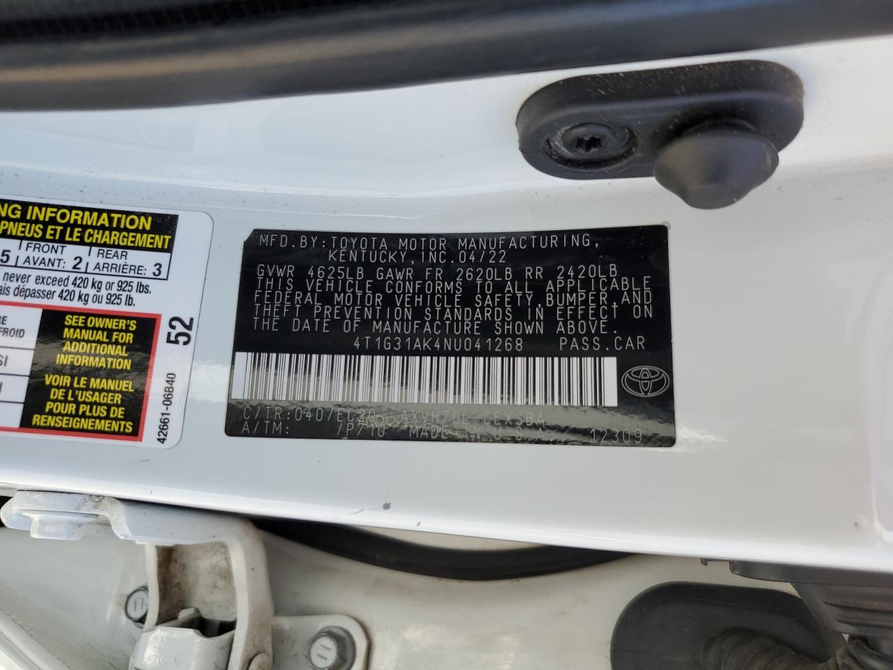 2022 Toyota Camry Night Shade VIN: 4T1G31AK4NU041268 Lot: 57891065