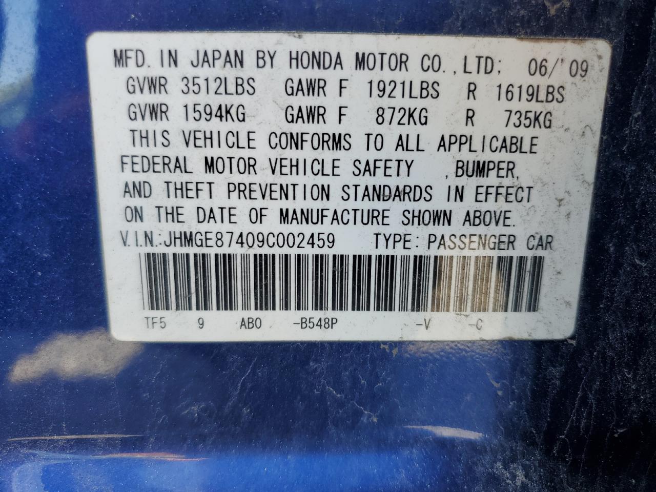2009 Honda Fit Sport VIN: JHMGE87409C002459 Lot: 56182215