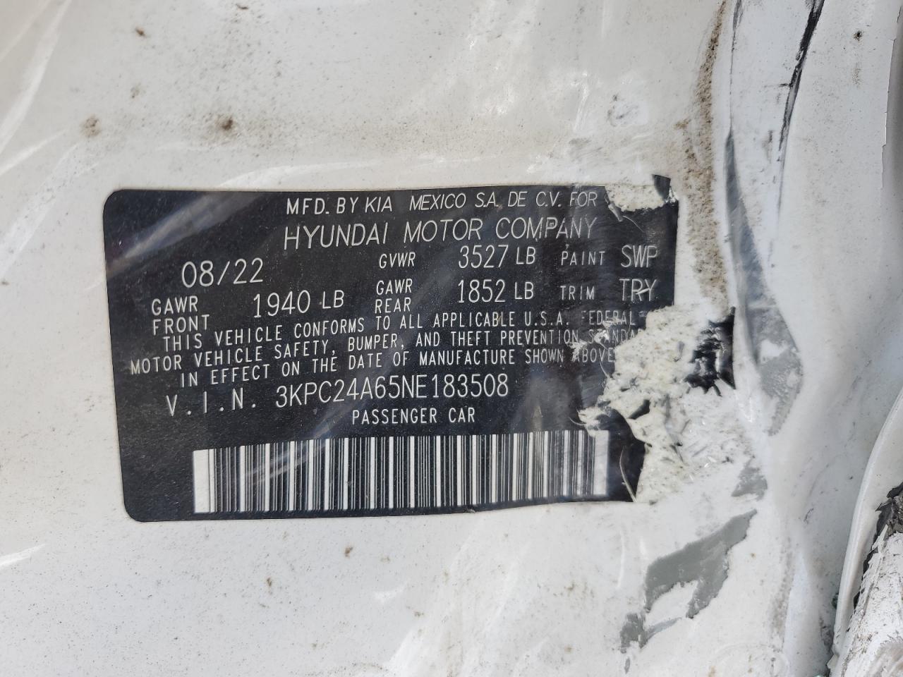 2022 Hyundai Accent Se VIN: 3KPC24A65NE183508 Lot: 56955335